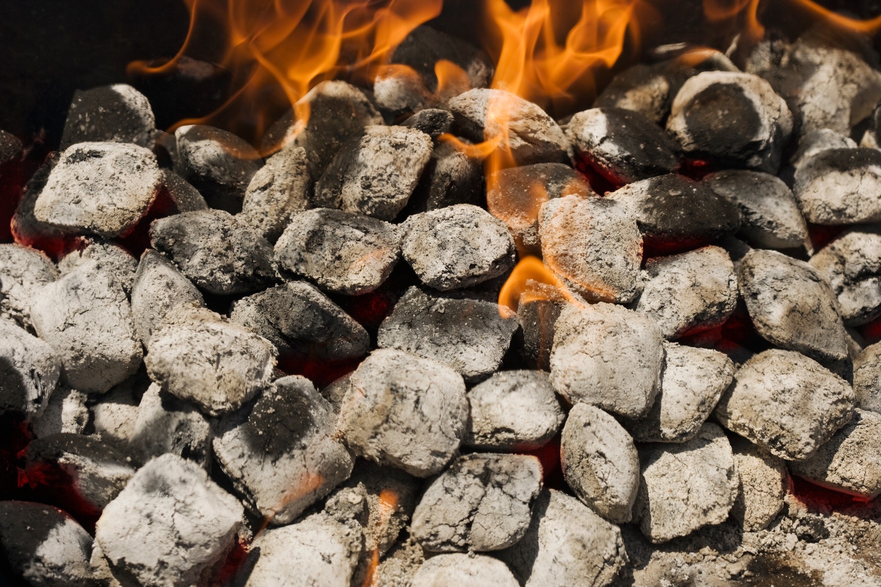 Close up of charcoal briquette fire